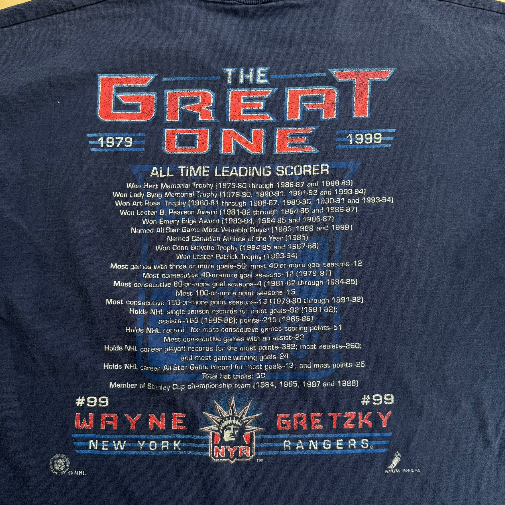 J- Vintage '99 Wayne Gretzky New York Rangers NHL The Great One Accolade Pro Player Tag Tee - XL