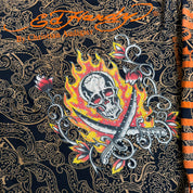 J- Vintage Ed Hardy Rhinestone Skull & Fire All Over Print Made In USA Long Sleeve Tee - XL