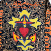 J- Vintage Ed Hardy Rhinestone Skull & Fire All Over Print Made In USA Long Sleeve Tee - XL