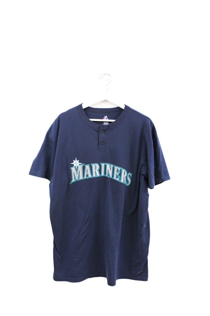 Z - Vintage Majestic MLB Seattle Mariners Script Henley Tee