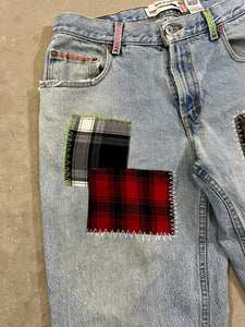 D- HOM Plaid Patches Reworked Levi's Husky Fit 34x28 Jeans