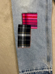 D- HOM Plaid Patches Reworked Levi's Husky Fit 34x28 Jeans