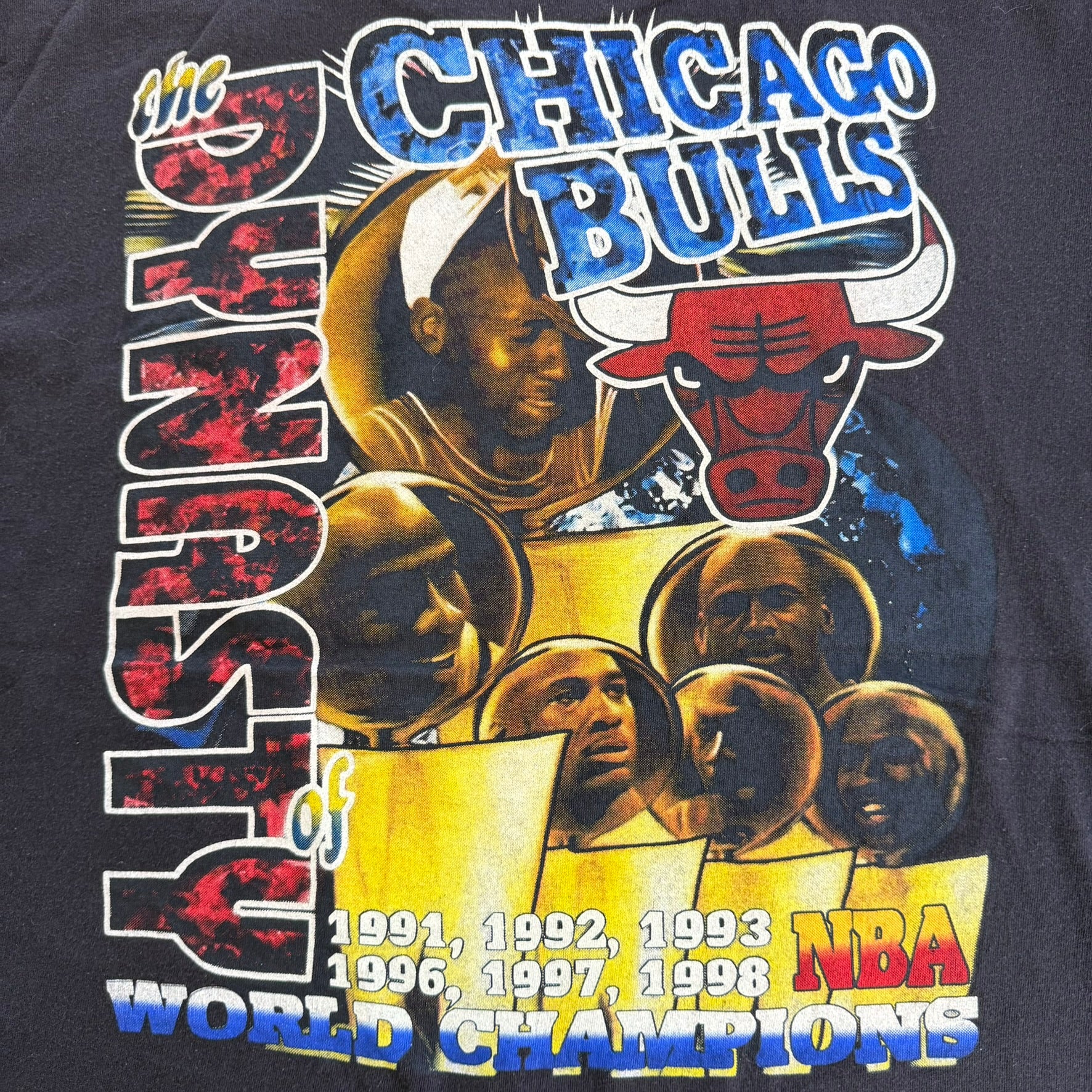 J- Vintage '98 Chicago Bulls NBA Double 3 Peat Picture Graphic Single Stitch Tee - XL