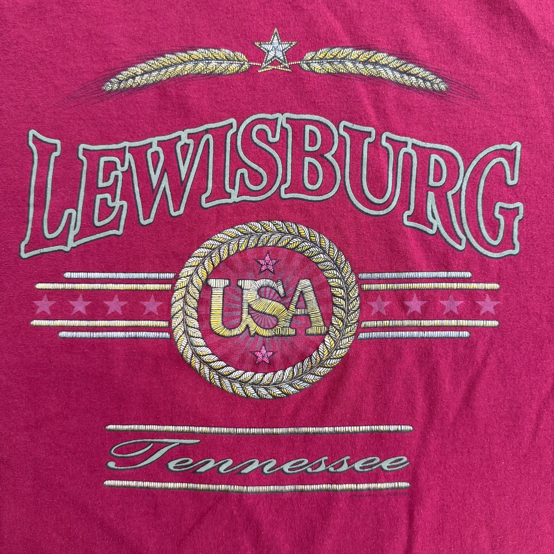 J- Vintage 90s Lewisburg Tennessee Text & Graphic Made In USA Single Stitch Tee - XL