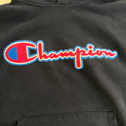 J- Vintage Champion Reverse Weave Chenille Embroidered Text Hoodie - L
