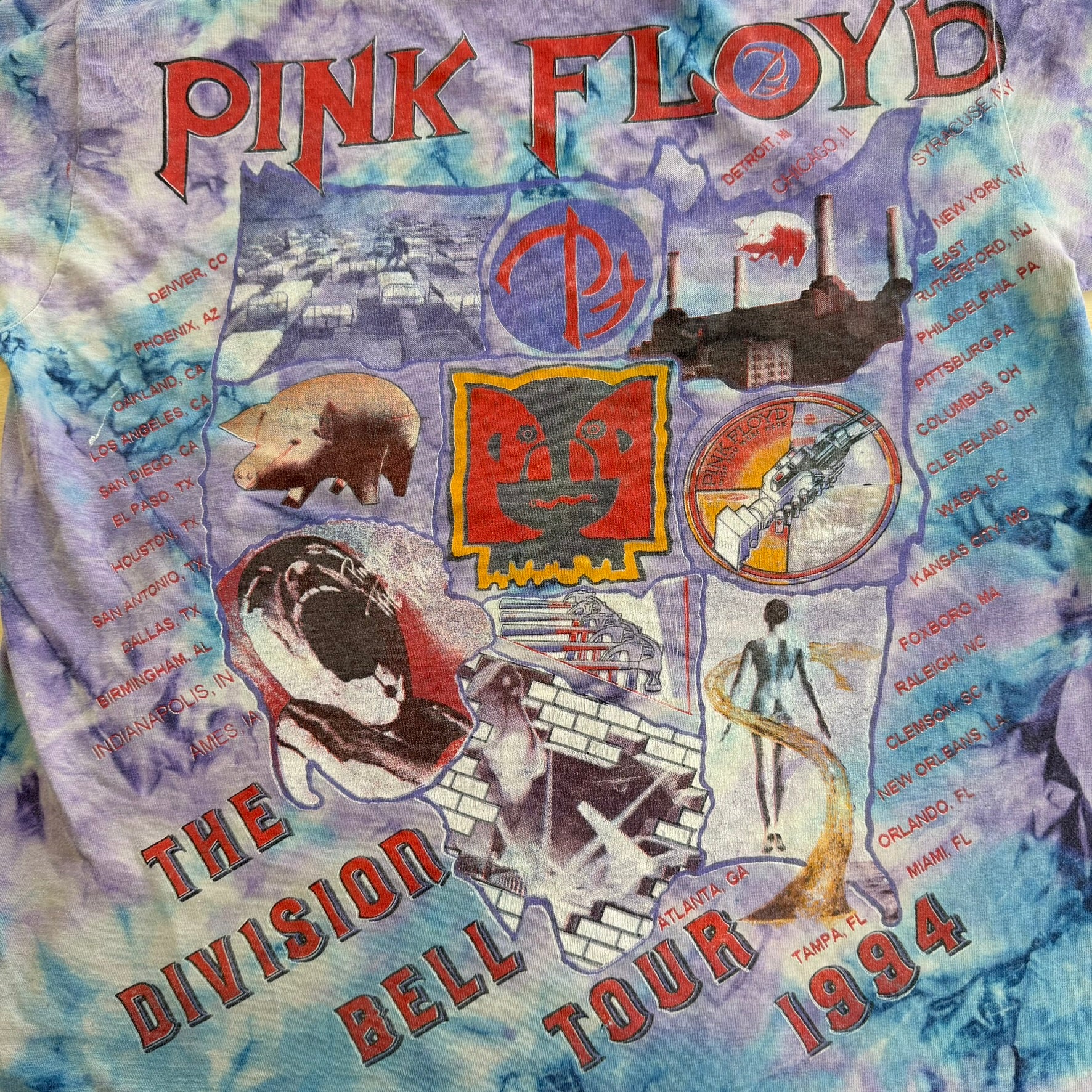 J- Vintage '94 Pink Floyd The Division Bell Tour Graphic Blue/Purple Tie Dye Single Stitch Tee - XL