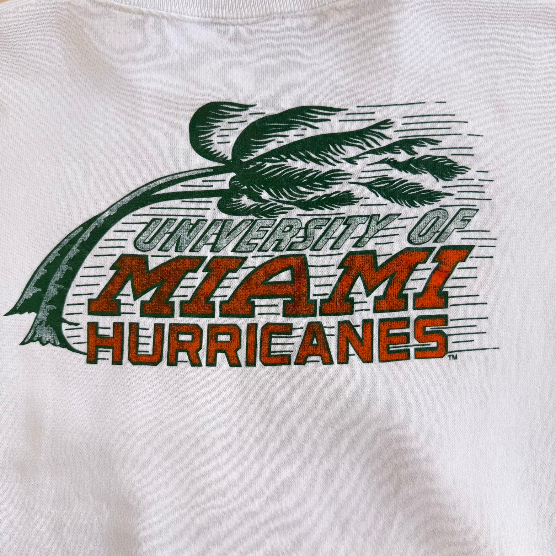 J- Vintage '89 University Of Miami Hurricanes Graphic Mascot & Text Crewneck - L