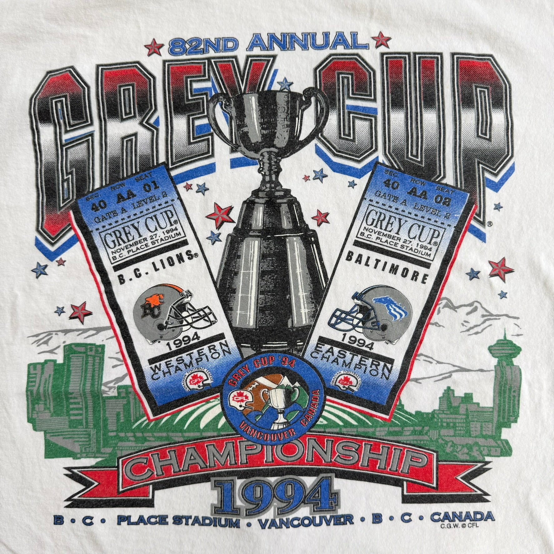 J- Vintage '94 CFL Grey Cup Championship B.C Lions Vs Baltimore Stallions Graphic Tee - XL