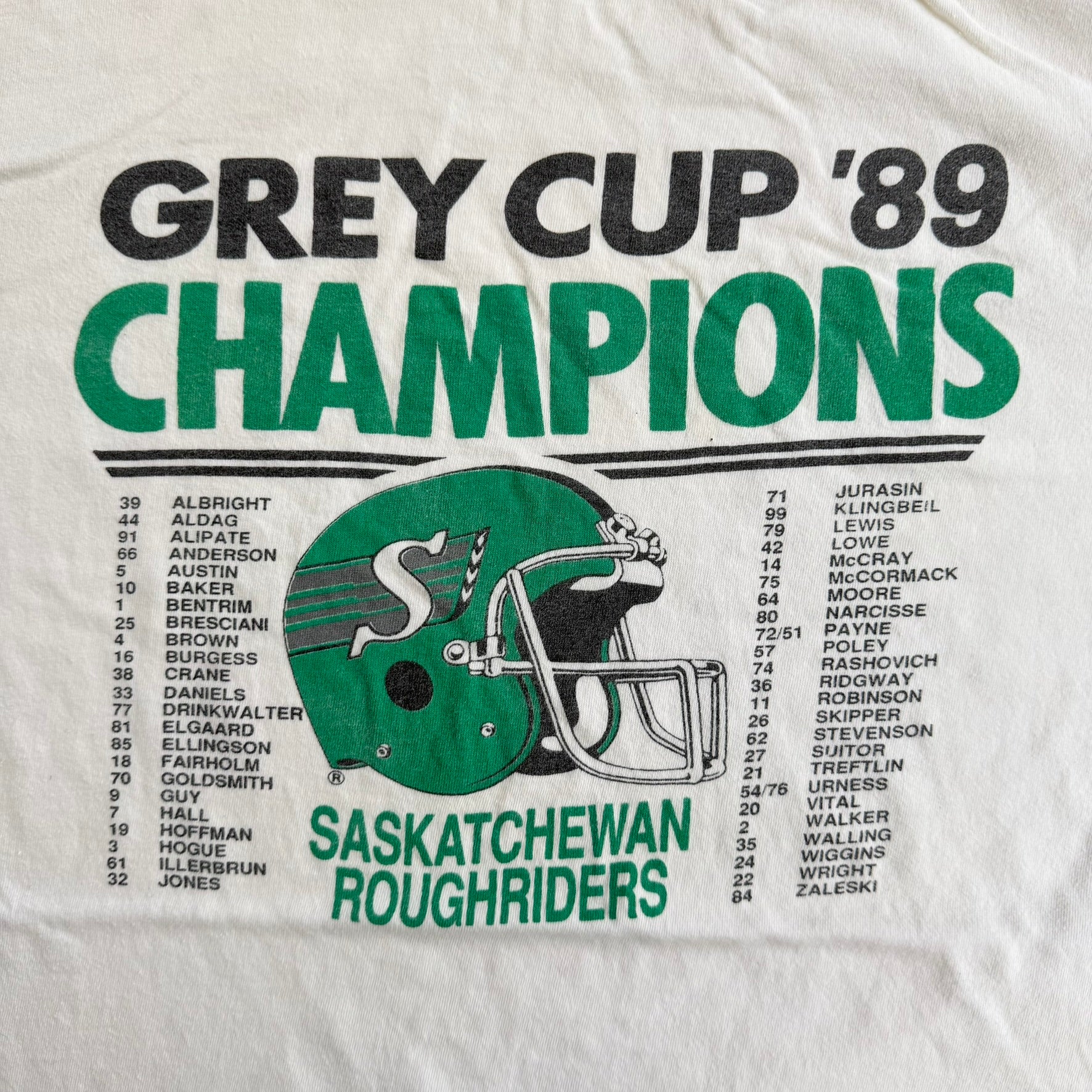 J- Vintage '89 Saskatchewan Roughriders CFL Grey Cup Champions Roster Graphic Single Stitch Tee - L