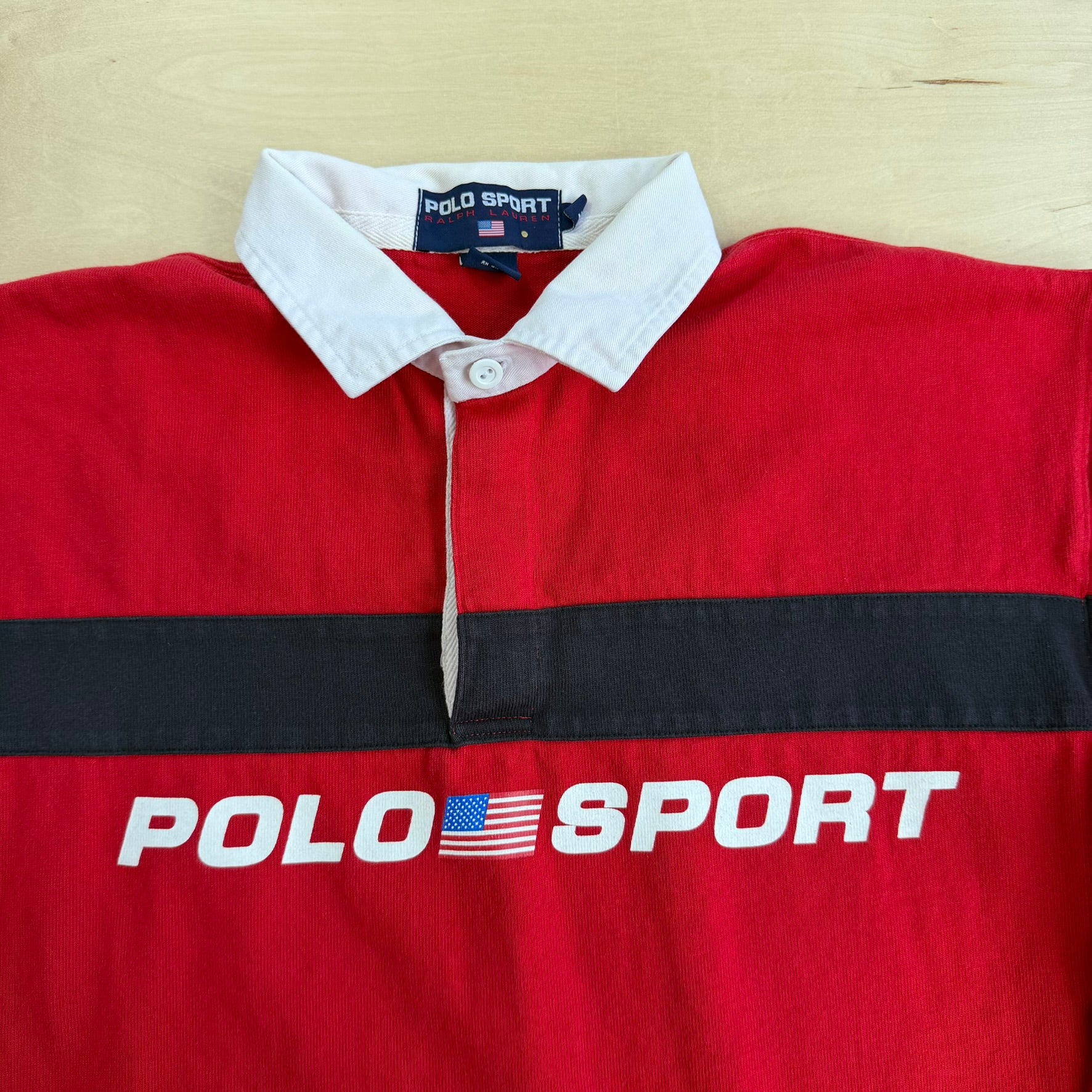 J- Vintage 90s Polo Sport RL Text & USA Flag Rugby Shirt - L
