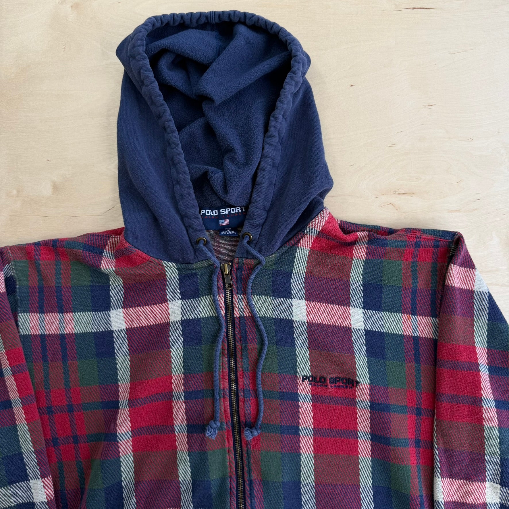 J- Vintage 90s Polo Sport RL Embroidered Text Plaid Zip Up Hoodie - M