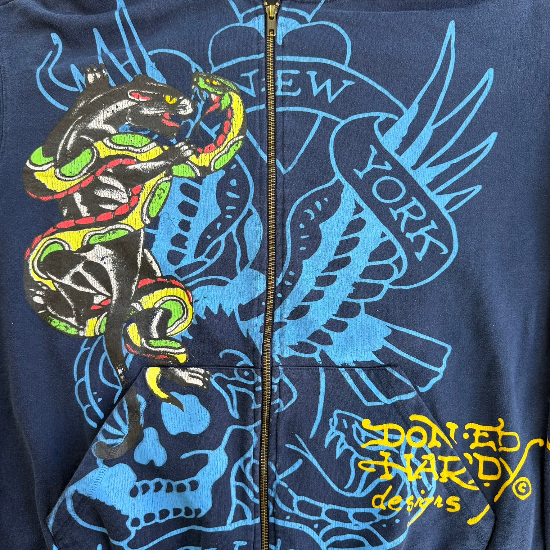 J- Vintage Ed Hardy New York Snake & Panther & Dog With Crown Jumbo Print Zip Up Hoodie - 2XL