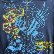 J- Vintage Ed Hardy New York Snake & Panther & Dog With Crown Jumbo Print Zip Up Hoodie - 2XL