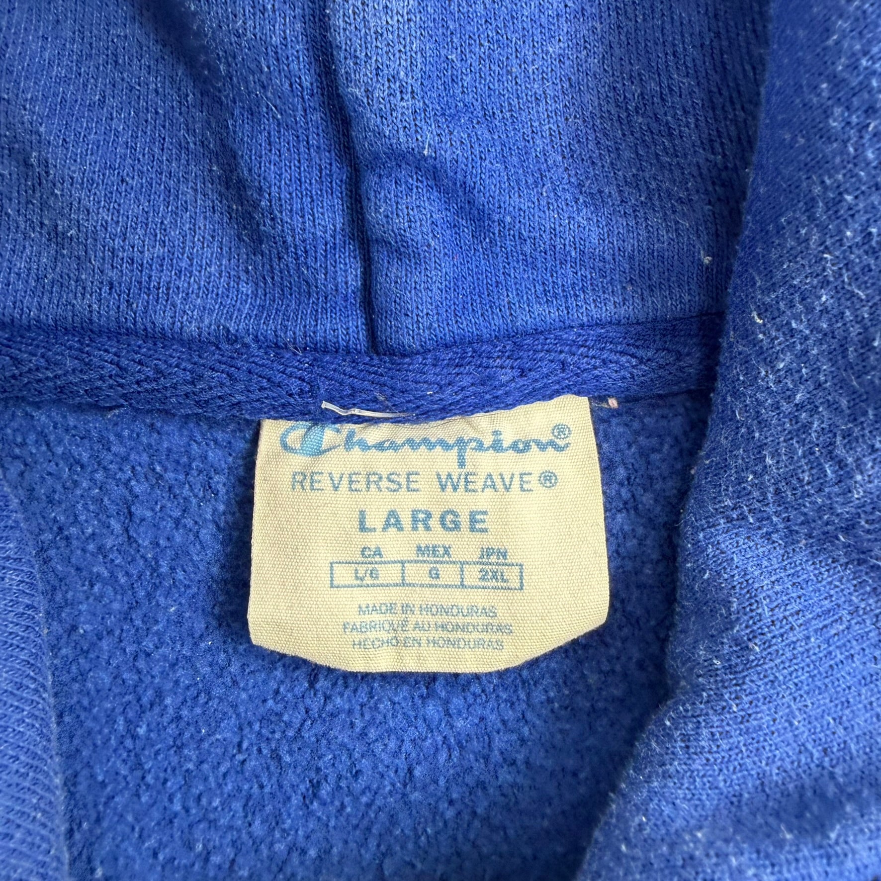 J- Vintage Champion Reverse Weave Embroidered Text Blue Hoodie - L