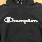 J- Vintage Champion Reverse Weave Embroidered Text Black Hoodie - M