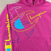 J- Vintage Champion Reverse Weave Graphic Text Pink Hoodie - L