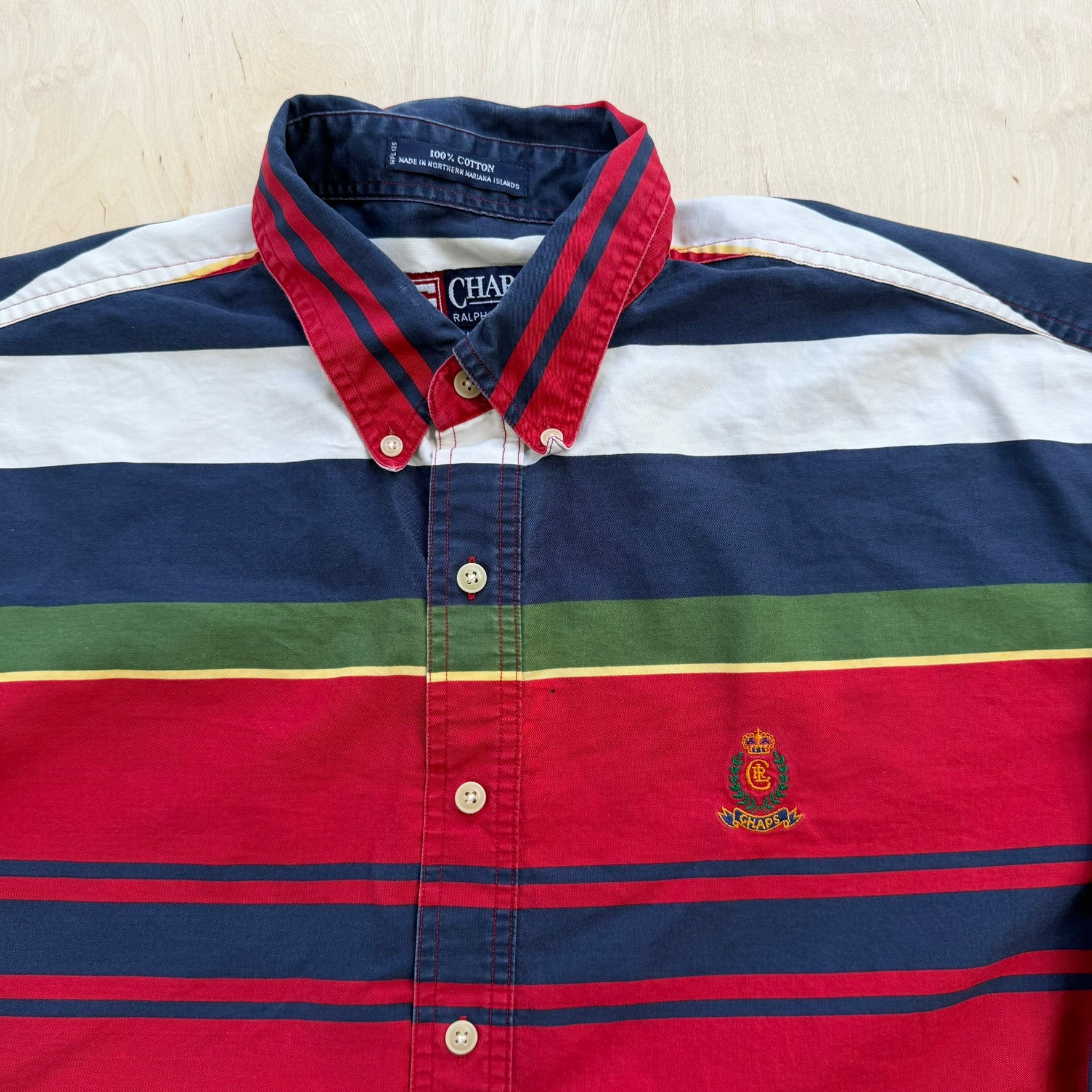 J- Vintage 90s Ralph Lauren Chaps Embroidered Crest Striped Button Down Shirt - L
