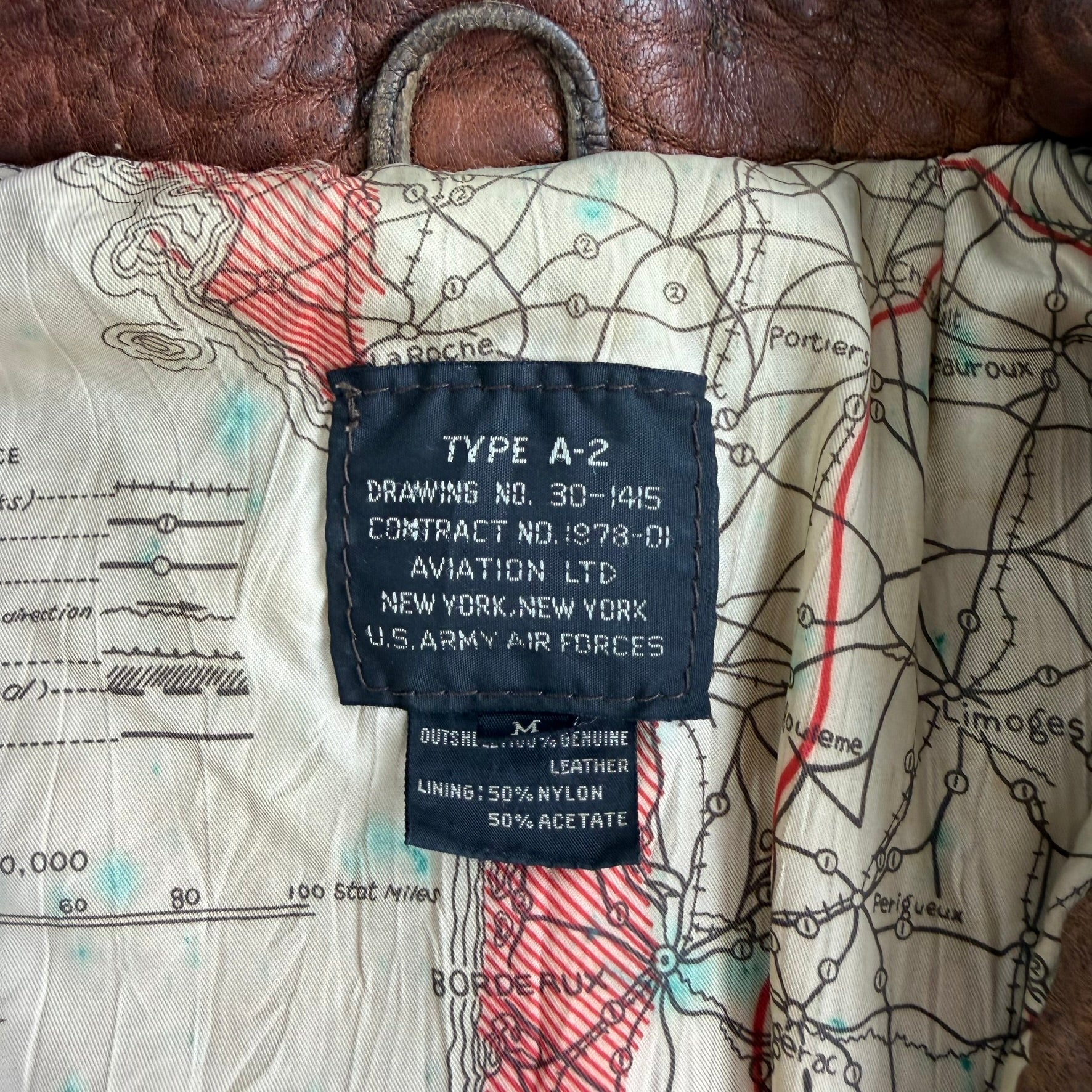 Vintage 80s Avirex Aviation Ltd. Old Leather Escape Map A-2 Leather Bomber Jacket - M