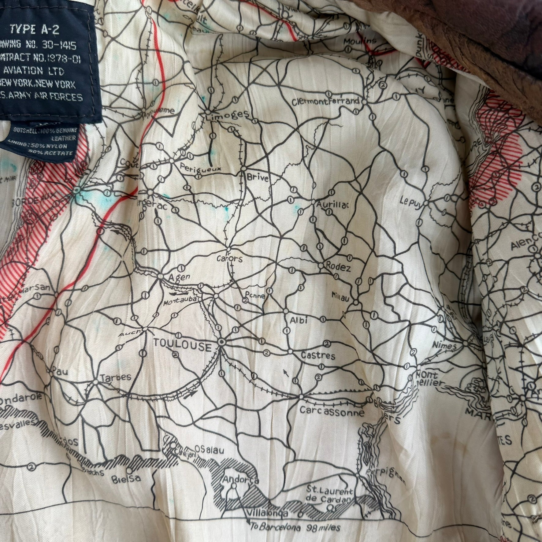 Vintage 80s Avirex Aviation Ltd. Old Leather Escape Map A-2 Leather Bomber Jacket - M