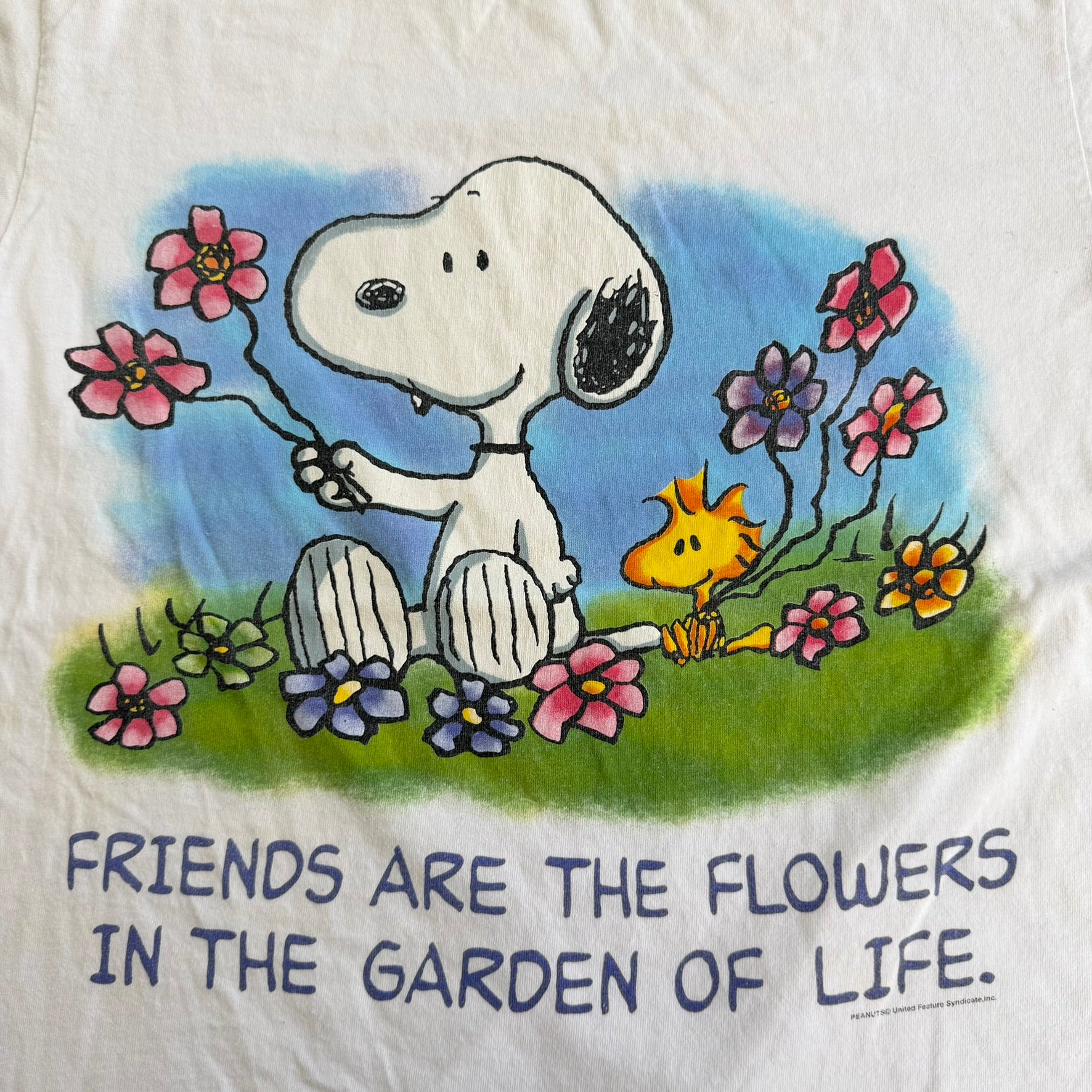 J- Vintage 90s Peanuts Snoopy Friends Are The Flowers Text & Graphic Made In USA Single Stitch Tee - L