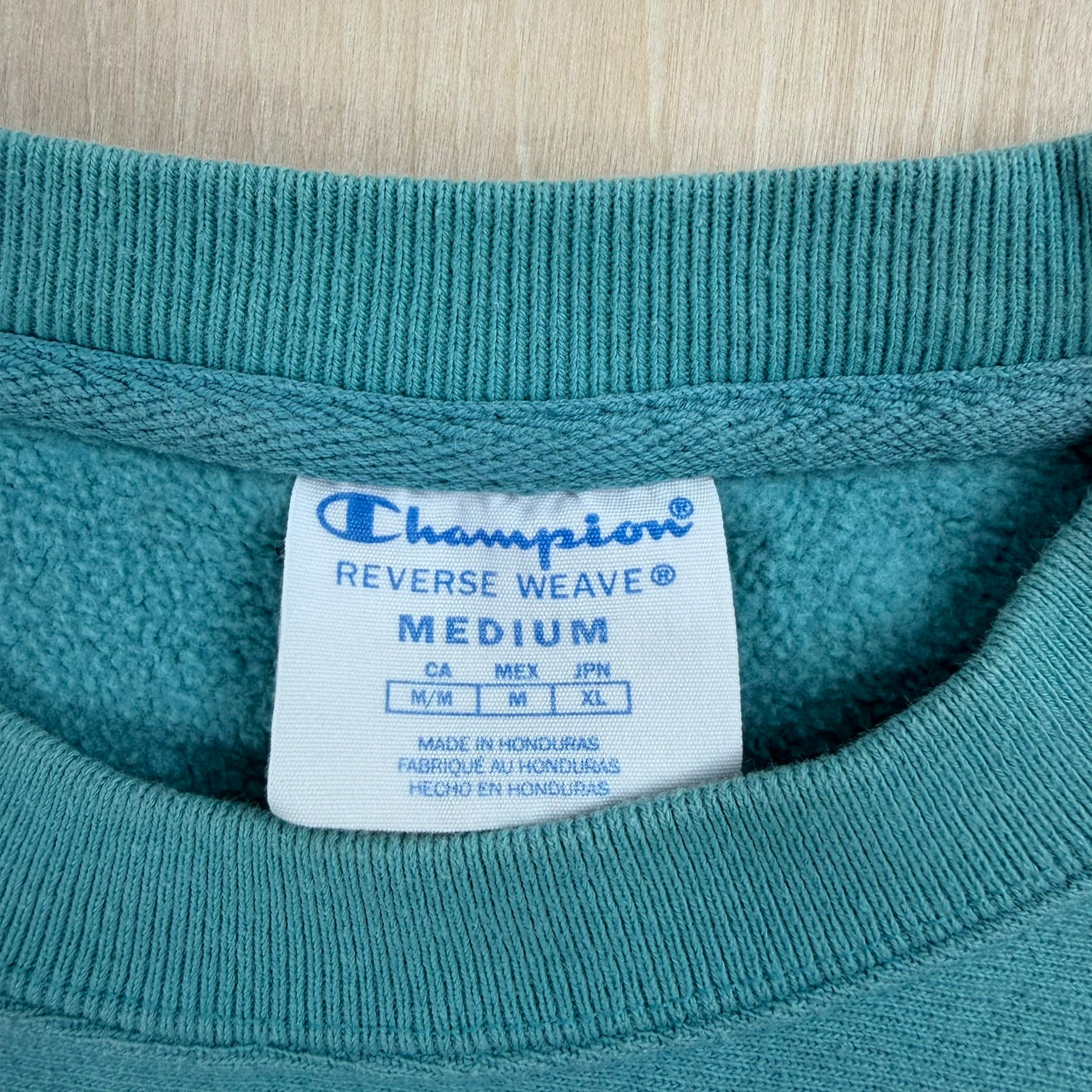 J- Vintage Champion Reverse Weave Embroidered Logo Teal Crewneck - M