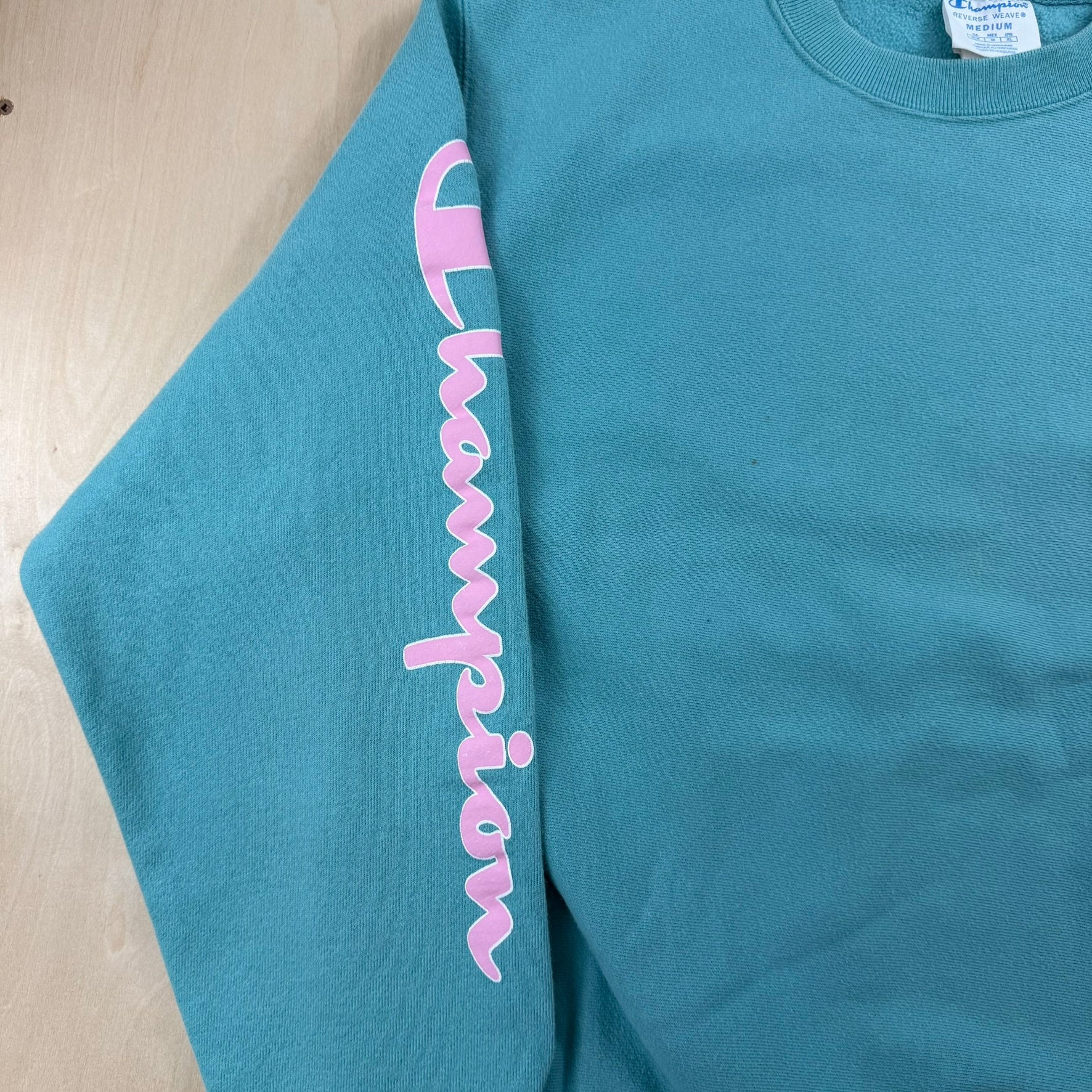 J- Vintage Champion Reverse Weave Embroidered Logo Teal Crewneck - M