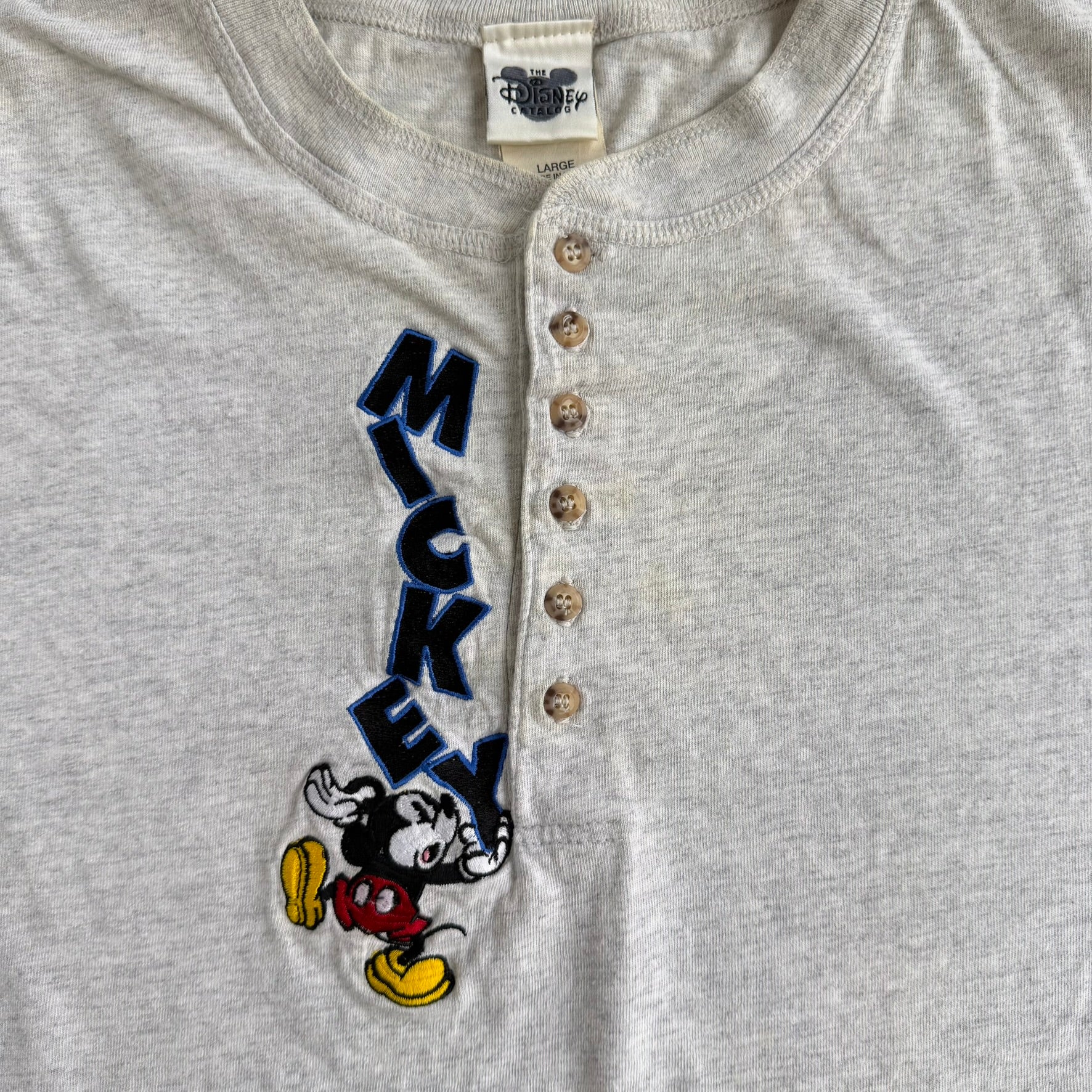 Vintage 90s Disney Catalog Mickey Embroidered Text Made In USA Long Sleeve Henley Tee - L