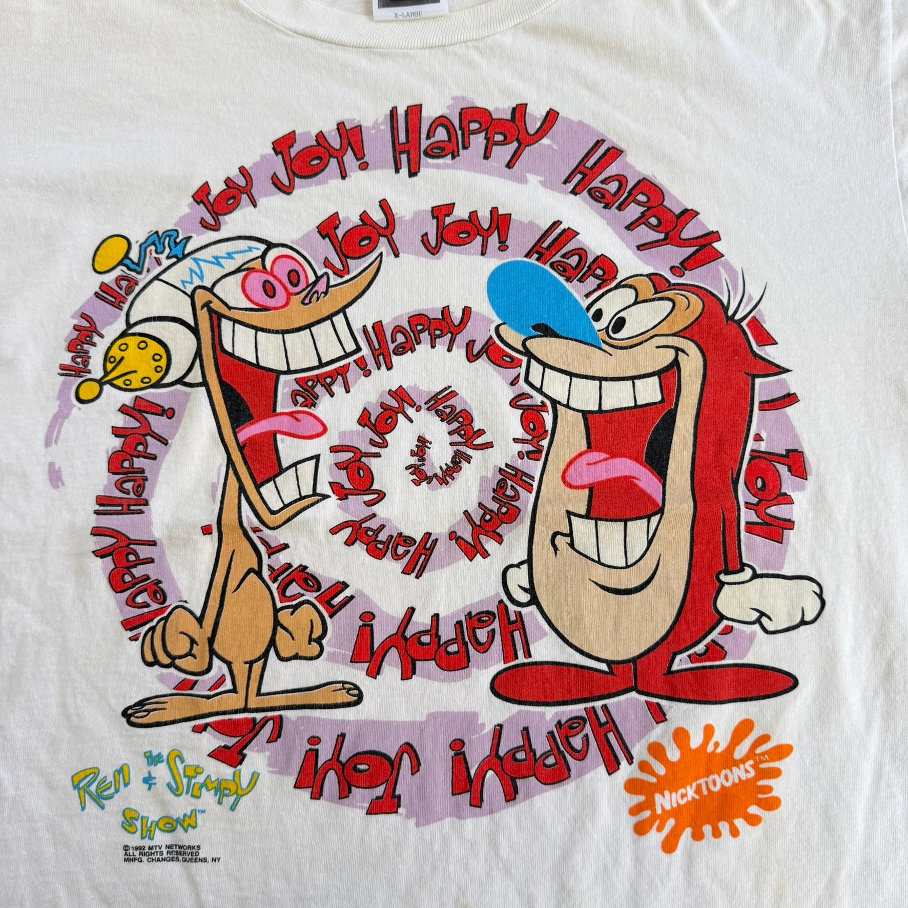 J- Vintage '92 The Ren & Stimpy Show Happy Joy Graphic Single Stitch Tee - XL