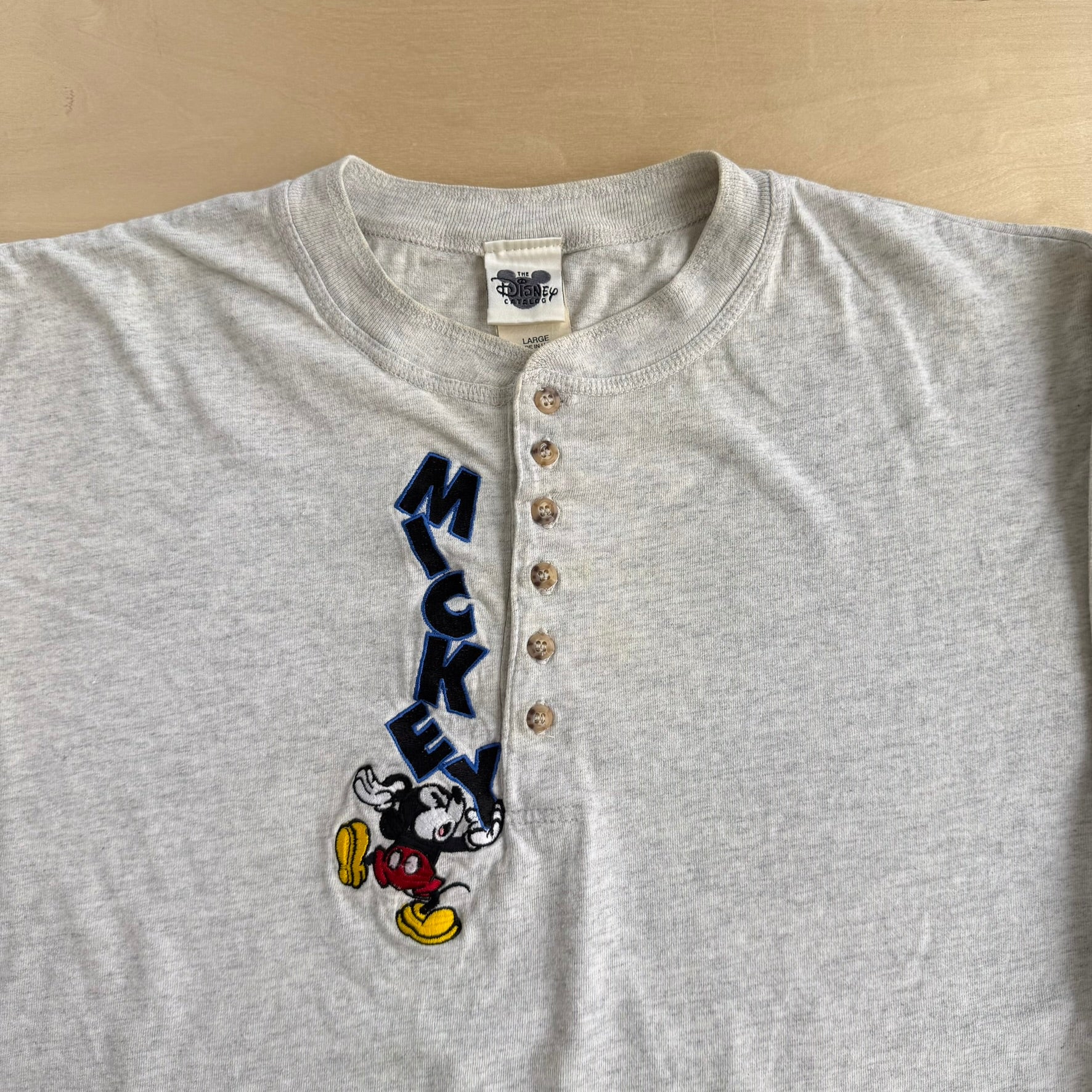 Vintage 90s Disney Catalog Mickey Embroidered Text Made In USA Long Sleeve Henley Tee - L
