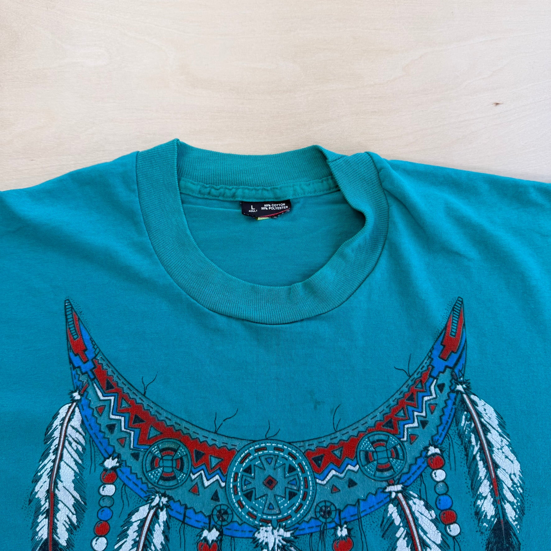 J- Vintage Pearls & Feather Necklace Graphic Single Stitch Tee - L