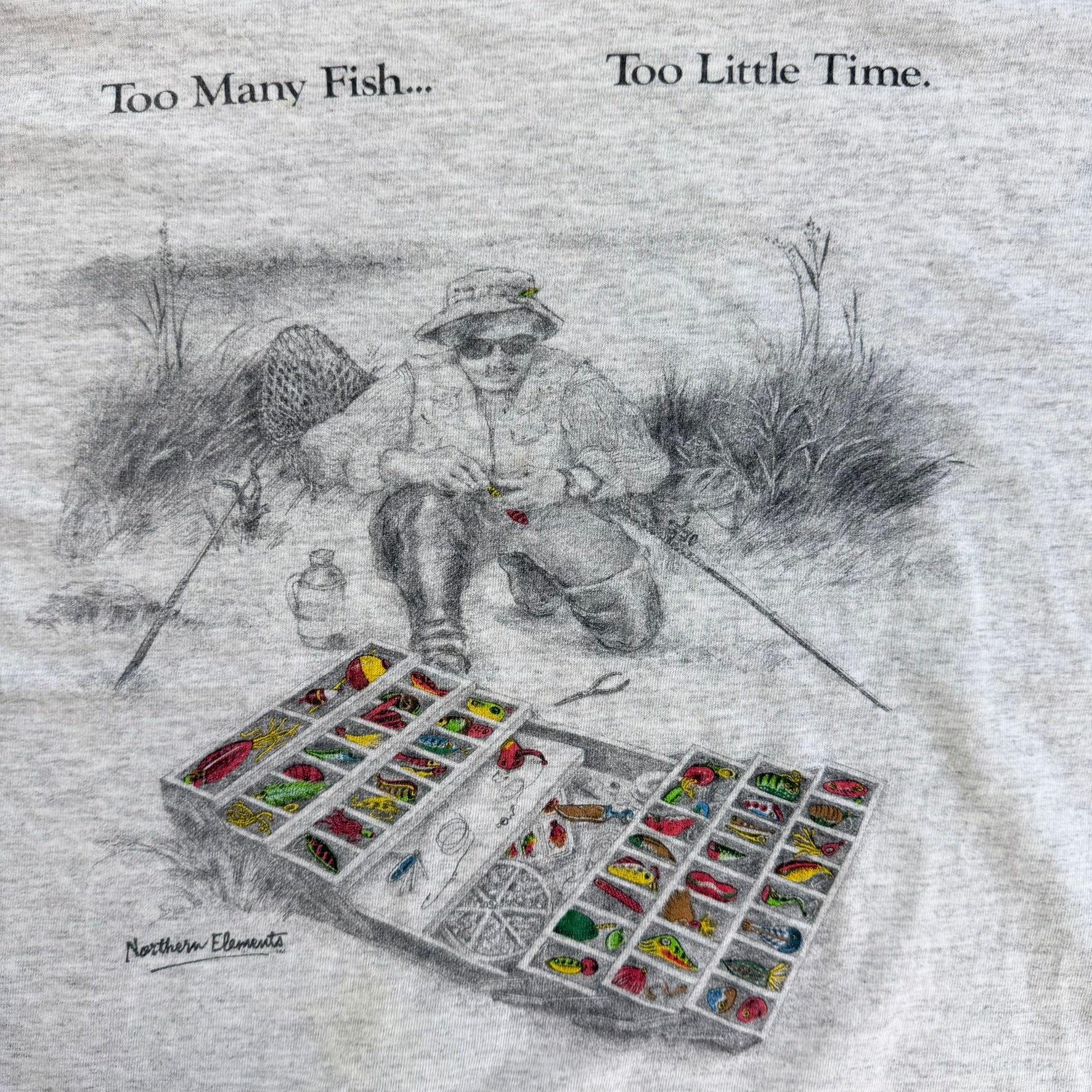 J- Vintage Northern Elements Too Many Fish Too Little Time Graphic Single Stitch Tee - XL