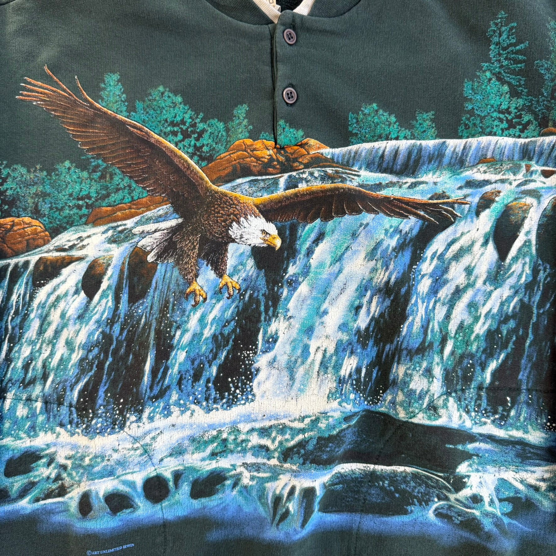 Vintage 90s Art Unlimited Eagles & Waterfall All Over Print Made In USA Henley Crewneck - M