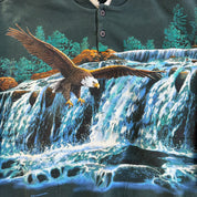 Vintage 90s Art Unlimited Eagles & Waterfall All Over Print Made In USA Henley Crewneck - M