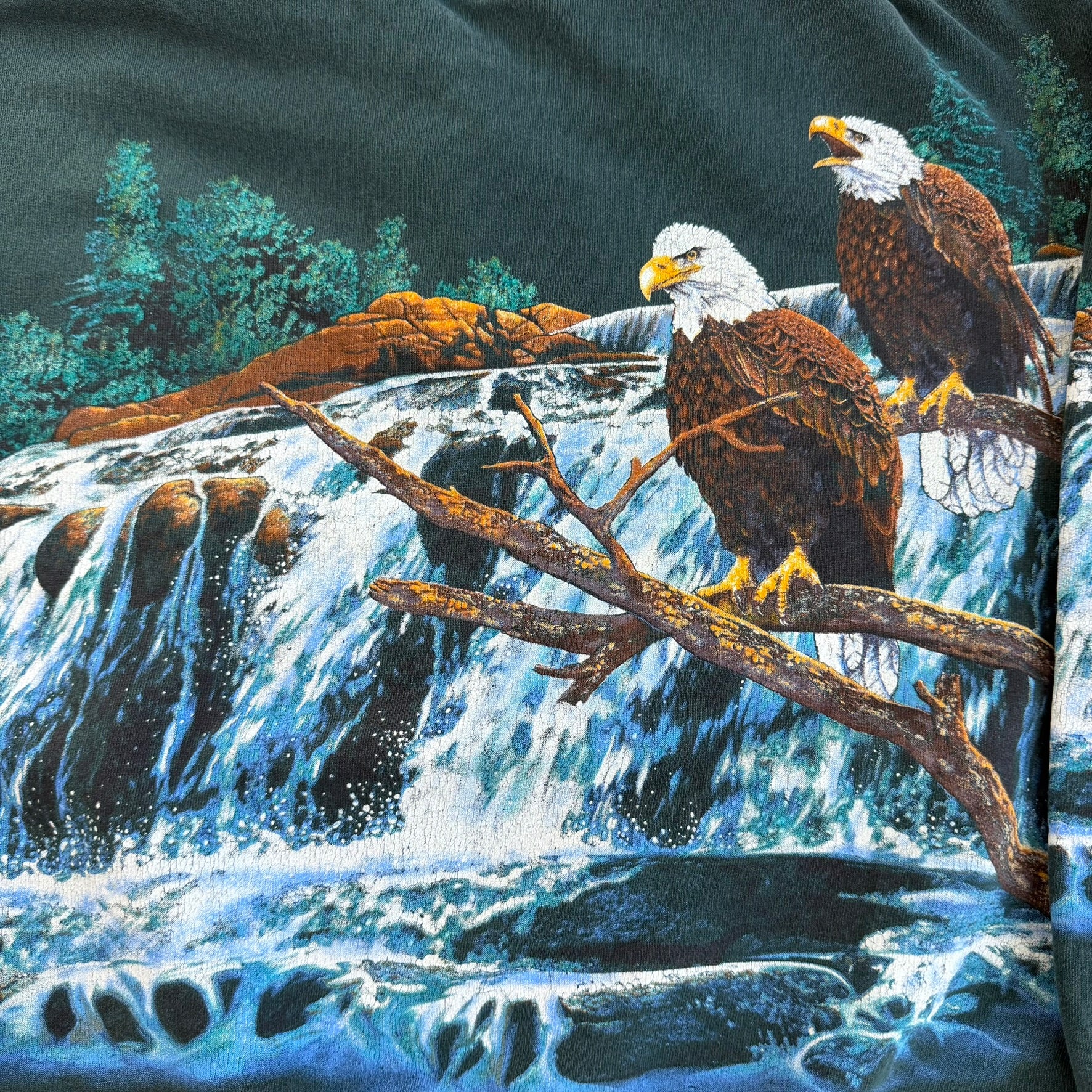 Vintage 90s Art Unlimited Eagles & Waterfall All Over Print Made In USA Henley Crewneck - M