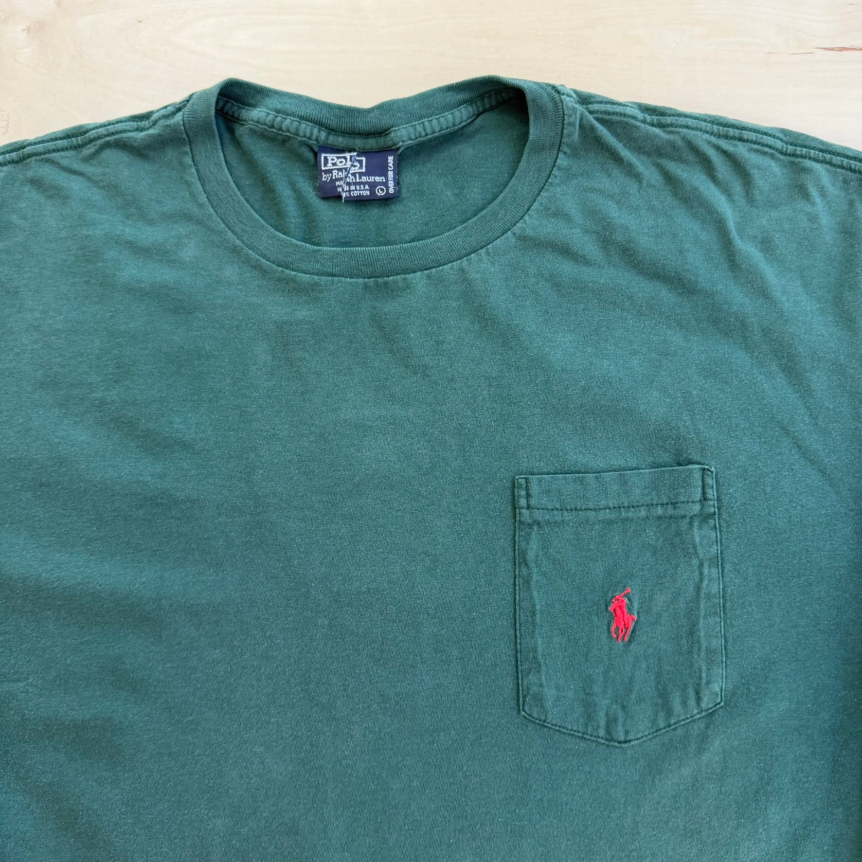 J- Vintage Polo RL Embroidered Logo Made In USA Single Stitch Pocket Long Sleeve Tee - L