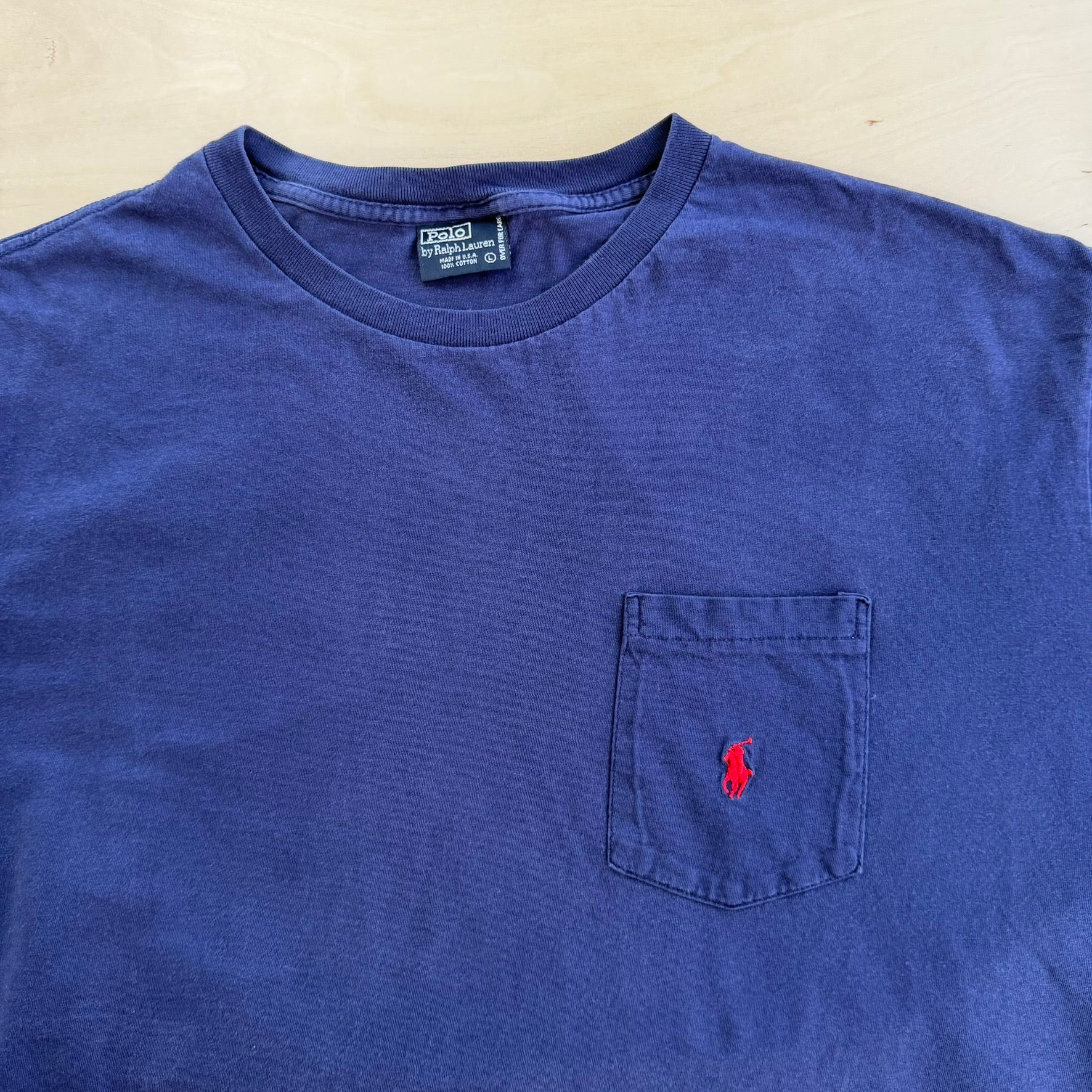 J- Vintage Polo RL Embroidered Logo Made In USA Single Stitch Pocket Navy Tee - L