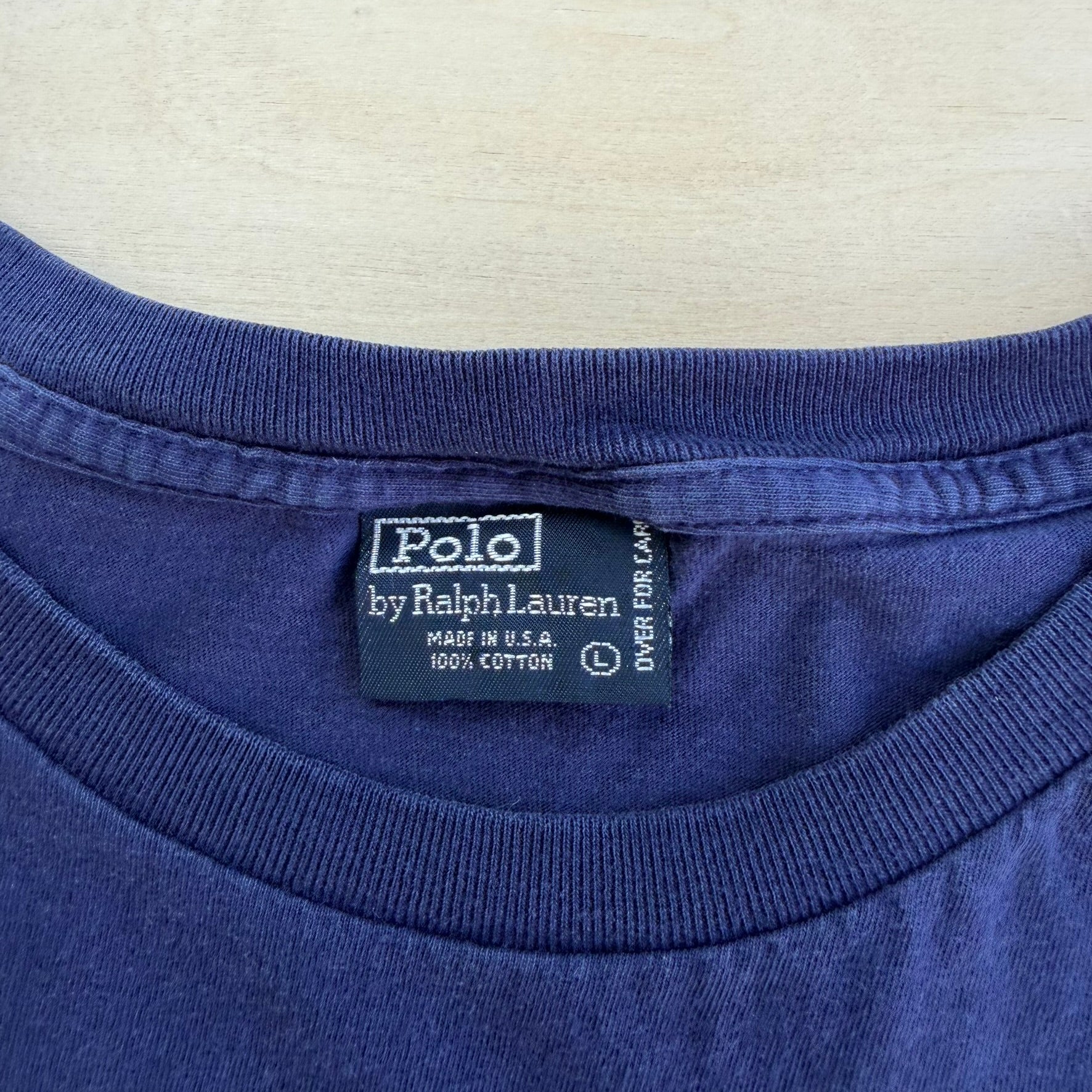J- Vintage Polo RL Embroidered Logo Made In USA Single Stitch Pocket Navy Tee - L