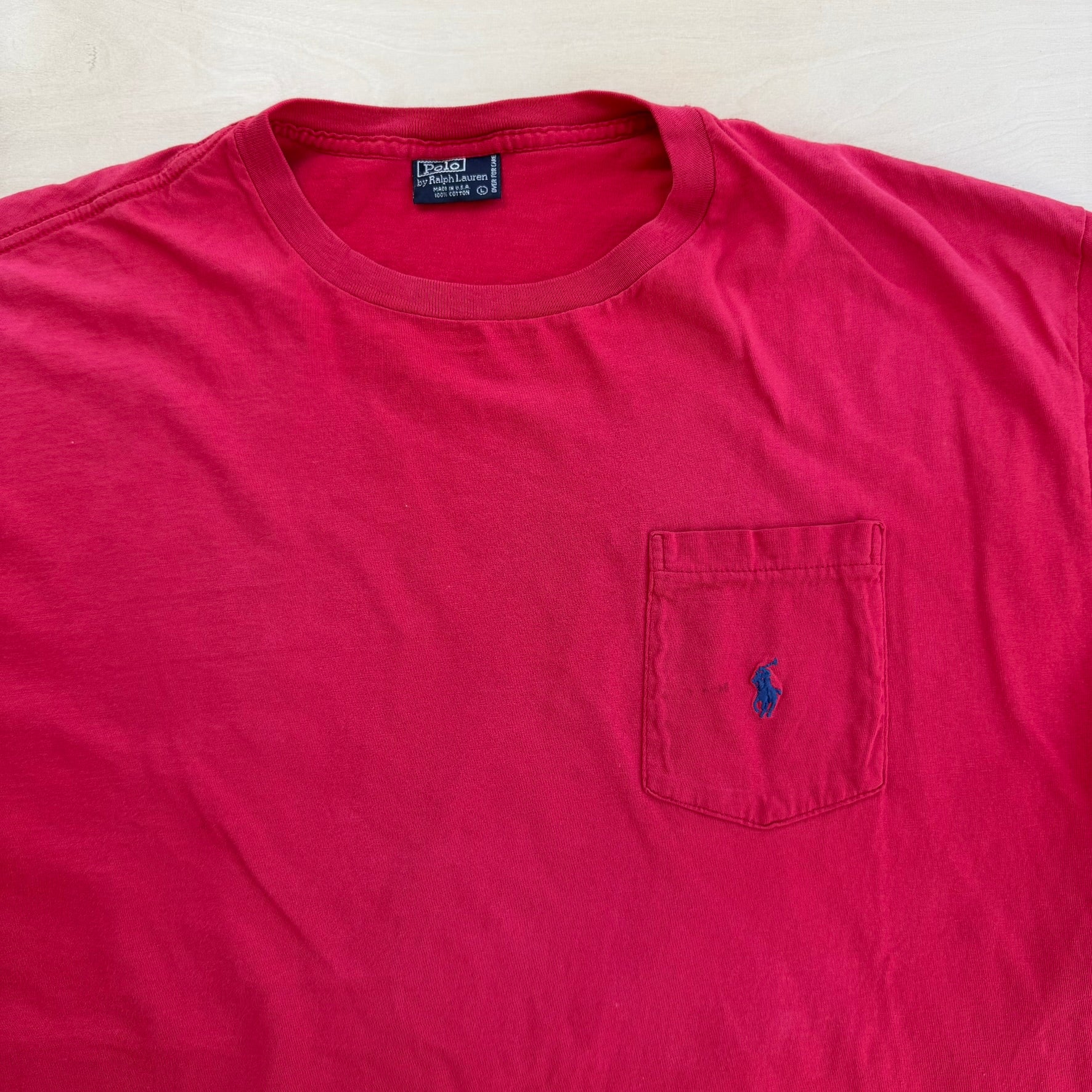 J- Vintage Polo RL Embroidered Logo Made In USA Single Stitch Pocket Red Tee - L