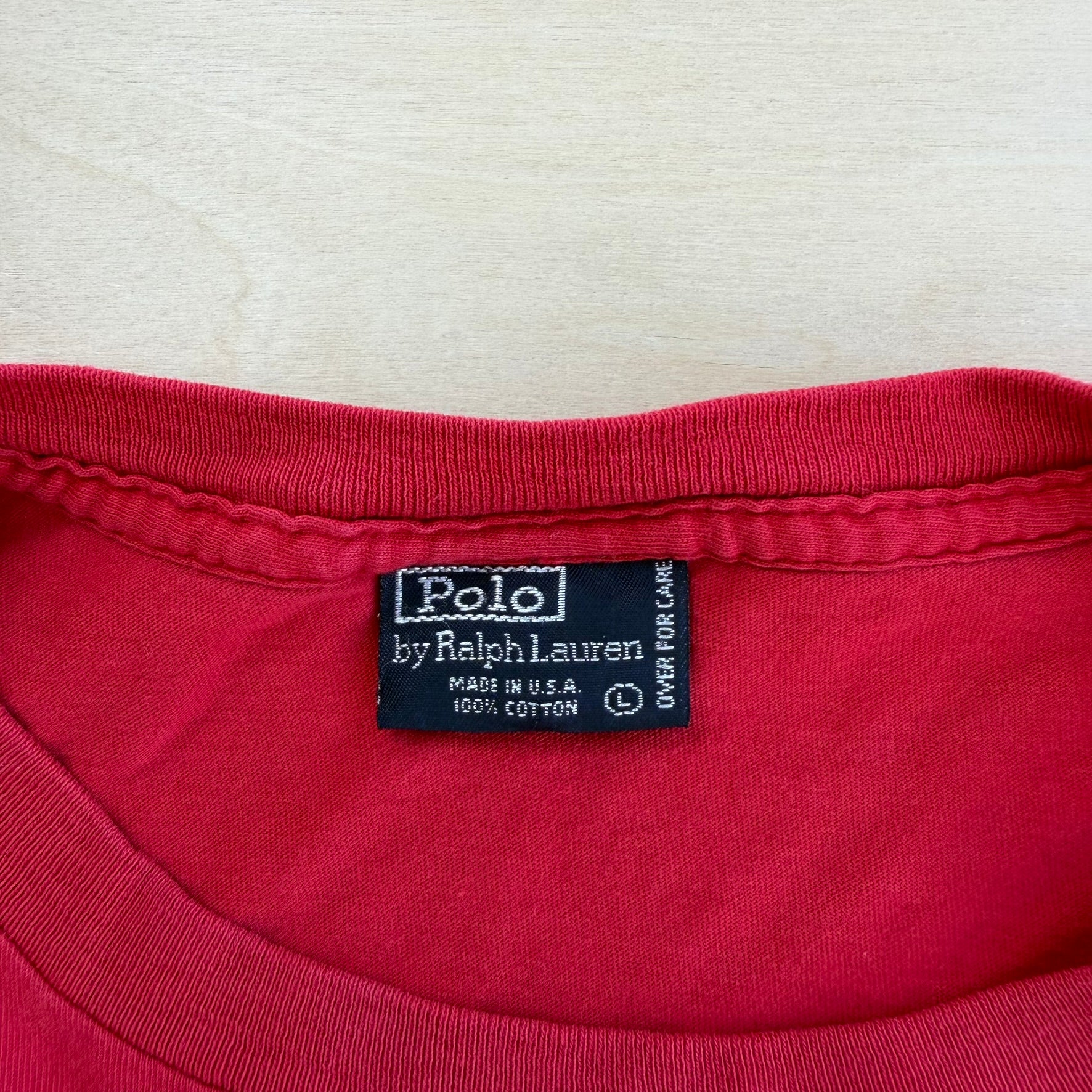 J- Vintage Polo RL Embroidered Logo Made In USA Single Stitch Pocket Red Tee - L