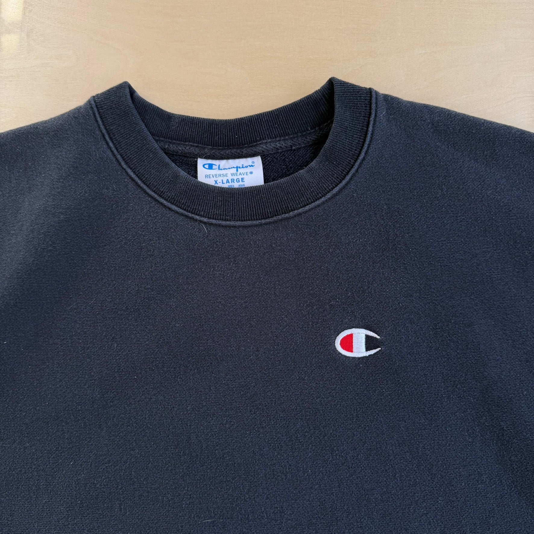 Vintage Champion Reverse Weave Embroidered Logo Black Crewneck - XL