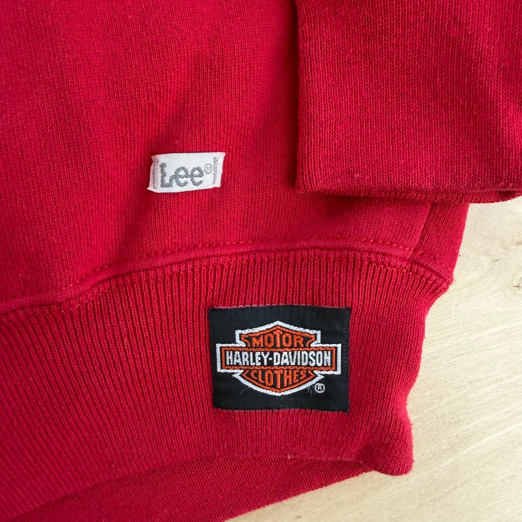 J- Vintage '91 Harley Davidson Motorcycle Text Made In USA Lee Tag Pullover Hoodie - M