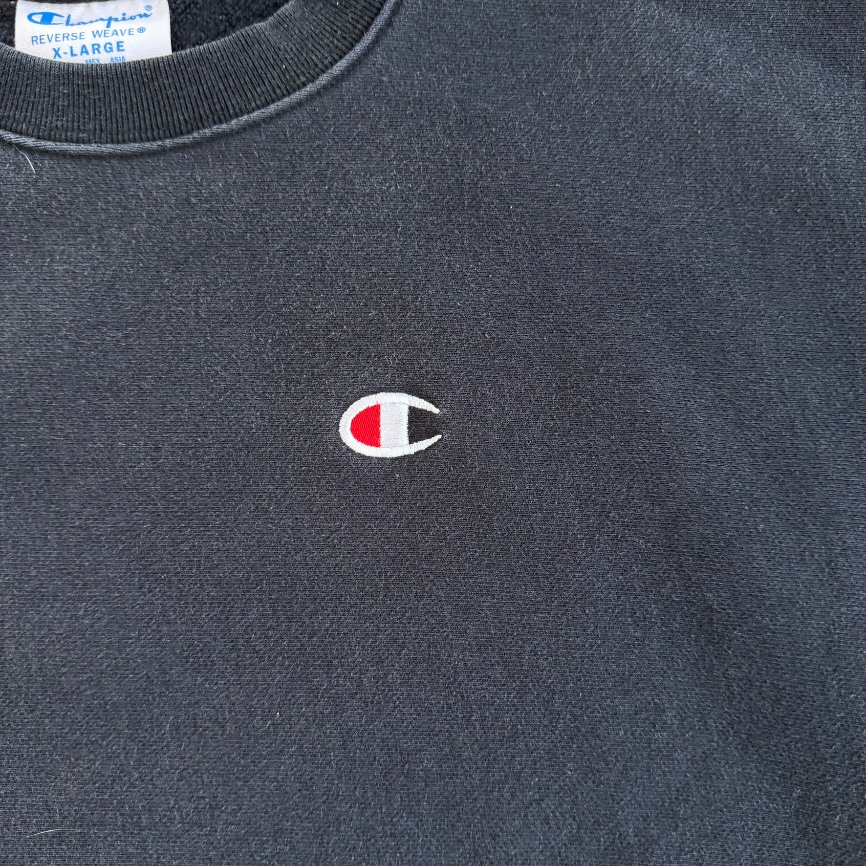 Vintage Champion Reverse Weave Embroidered Logo Black Crewneck - XL