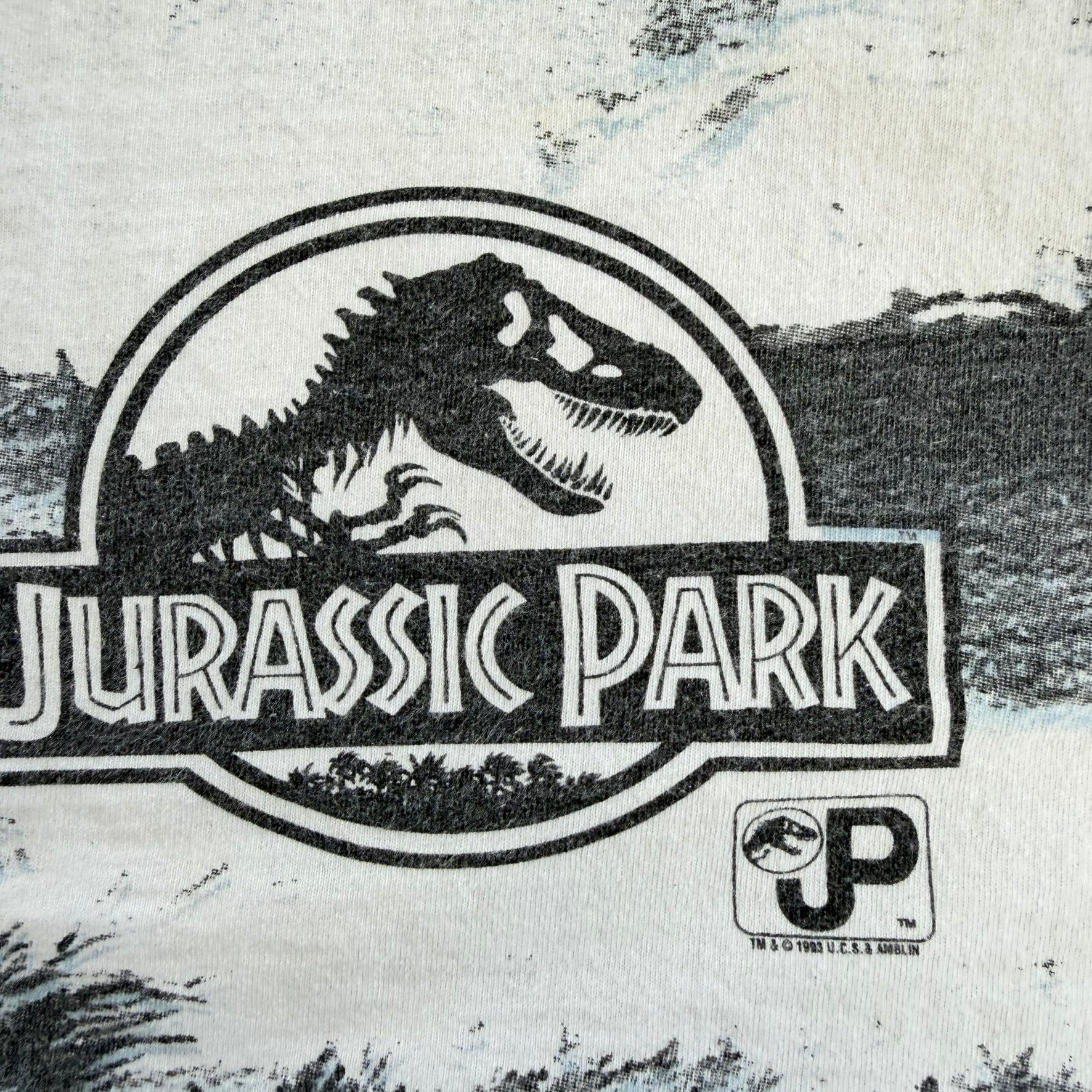 J- Vintage '93 Jurassic Park T-Rex All Over Print Made In USA Single Stitch Tee - XL