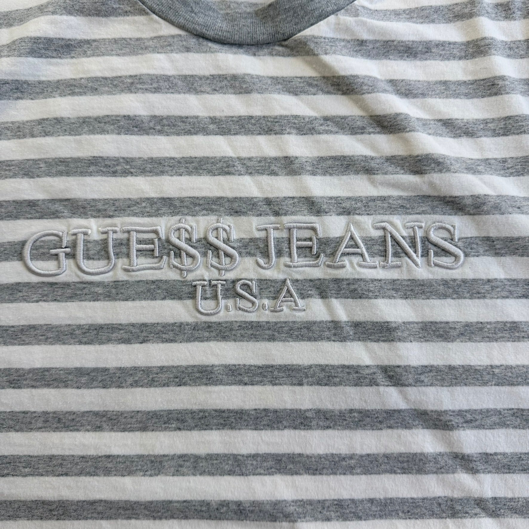 J- Vintage Gue$$ Jeans USA Embroidered Text Striped Tee - XL
