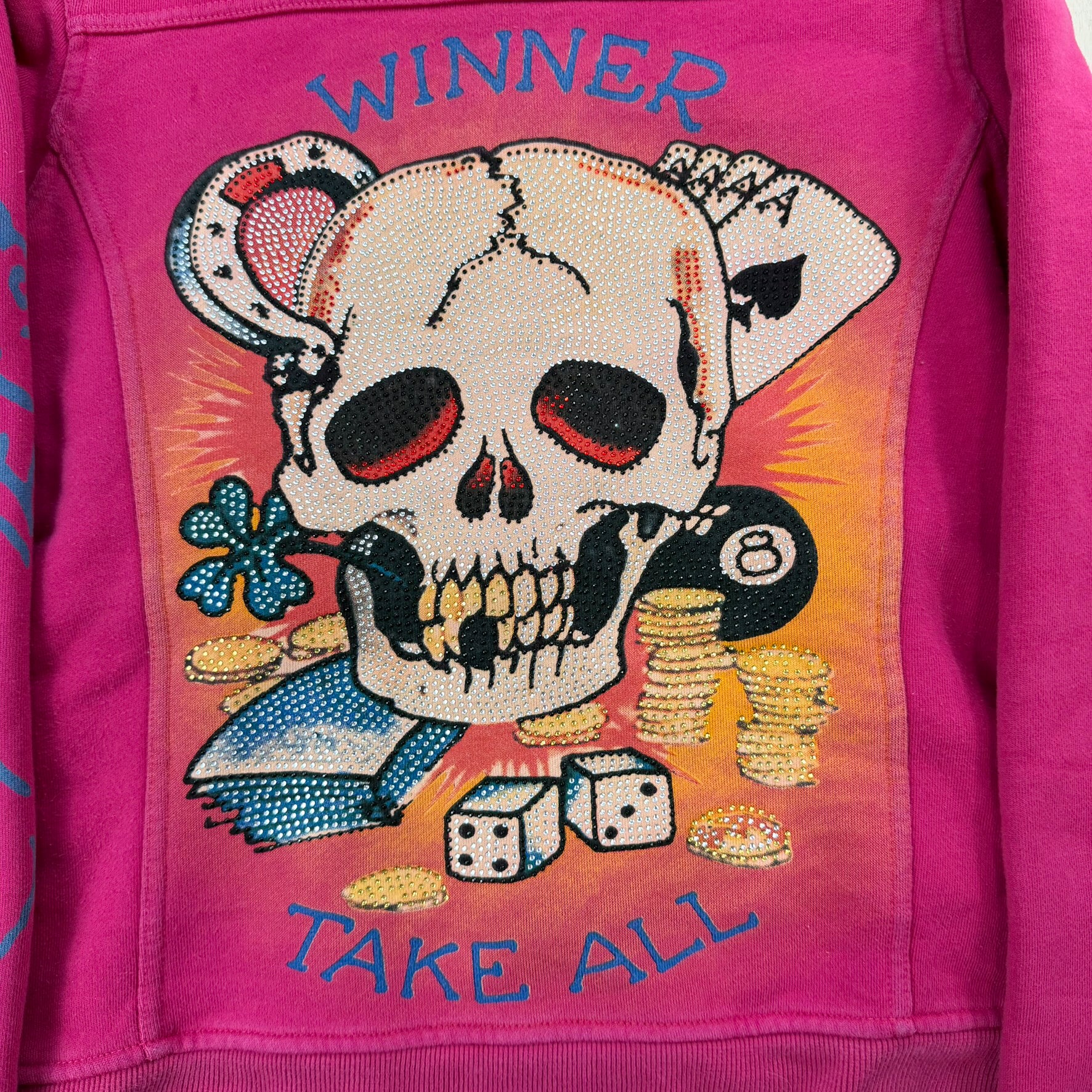 J- Vintage Ed Hardy Winner Takes All Bedazzled Skull Sherpa Lined Hoodie - XS