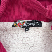 J- Vintage Ed Hardy Winner Takes All Bedazzled Skull Sherpa Lined Hoodie - XS