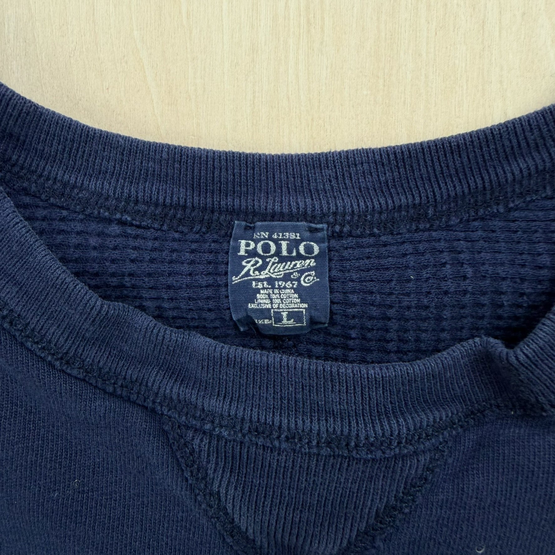 J- Vintage Polo Ralph Lauren Embroidered Navy Waffle Crewneck - L