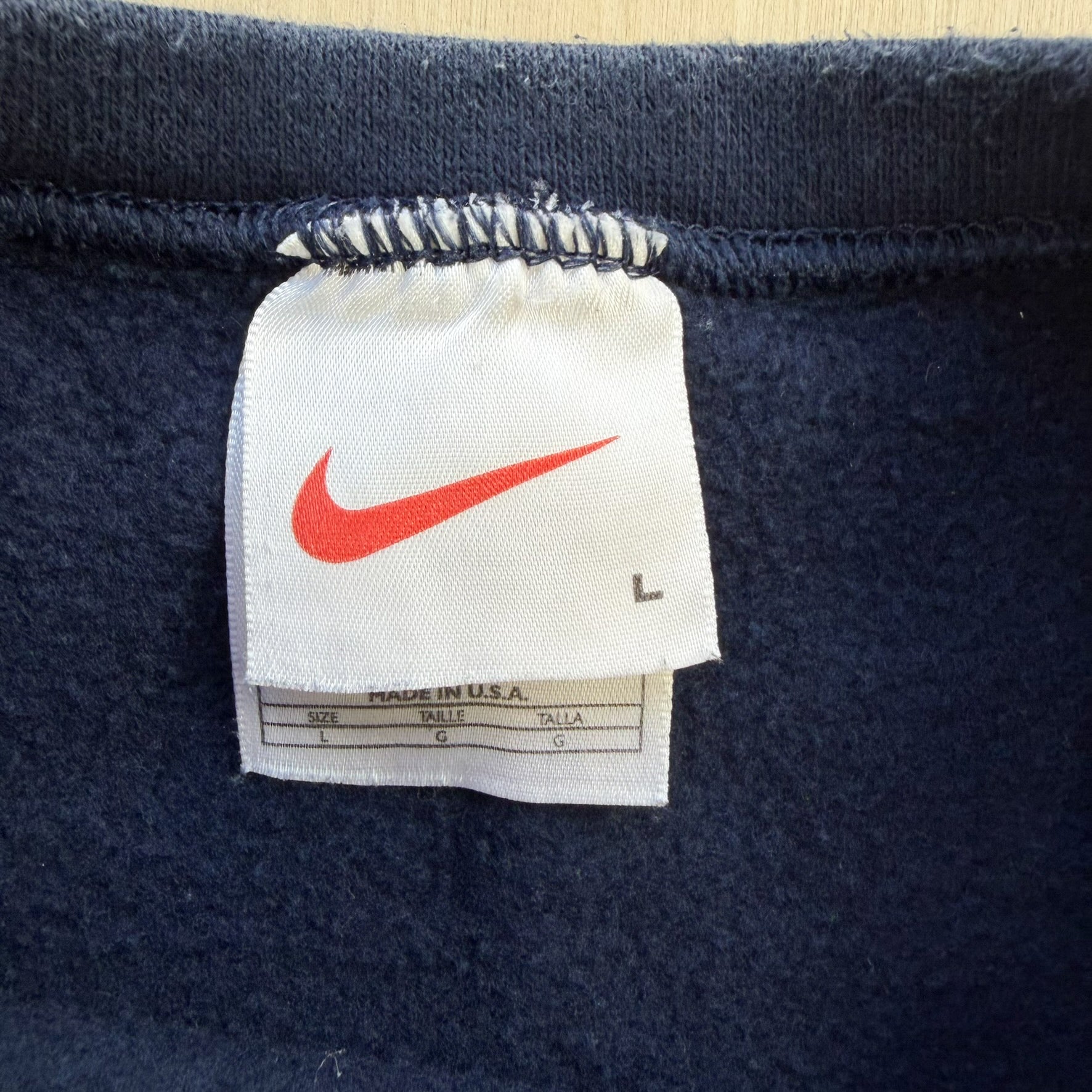 J- Vintage 90s Nike Embroidered Swoosh Made In USA Navy Crewneck - L