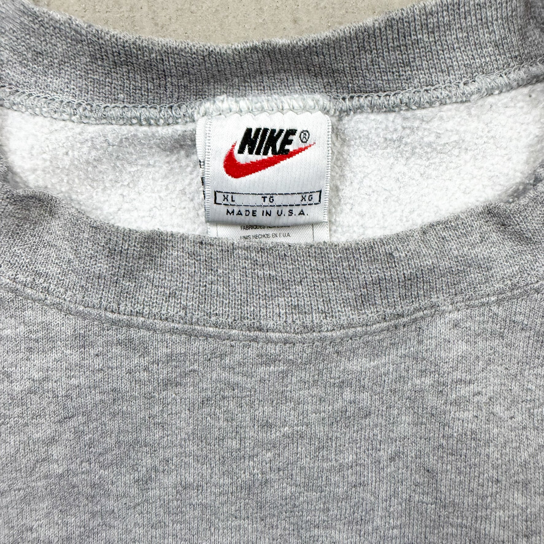 F- Vintage 90s Nike Embroidered Swoosh Grey Made In USA Crewneck
