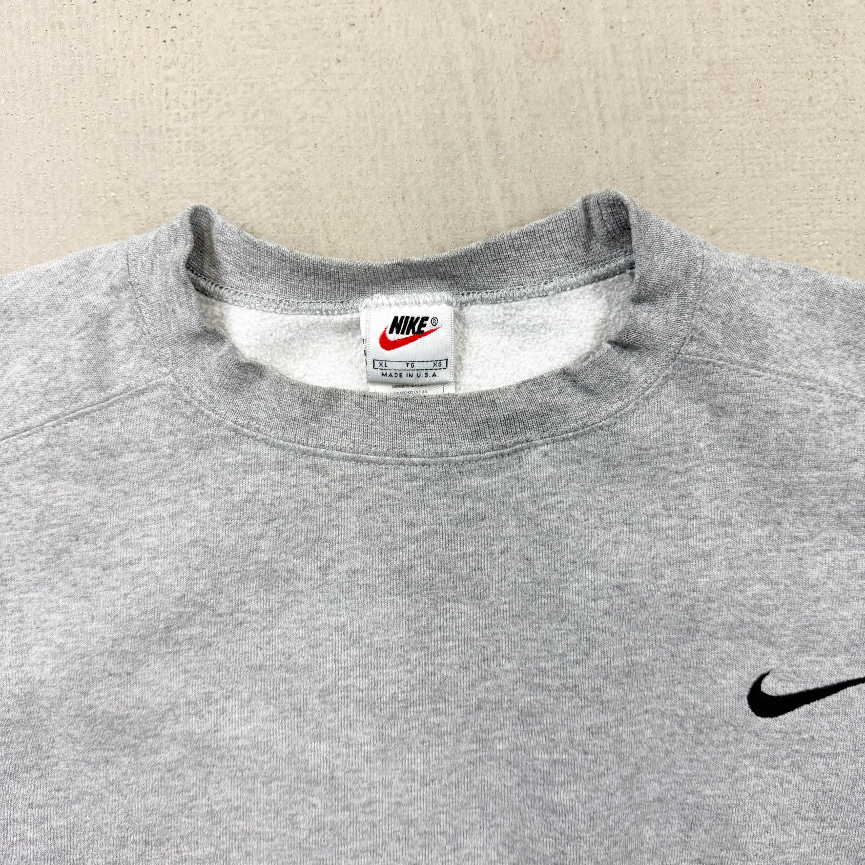 F- Vintage 90s Nike Embroidered Swoosh Grey Made In USA Crewneck